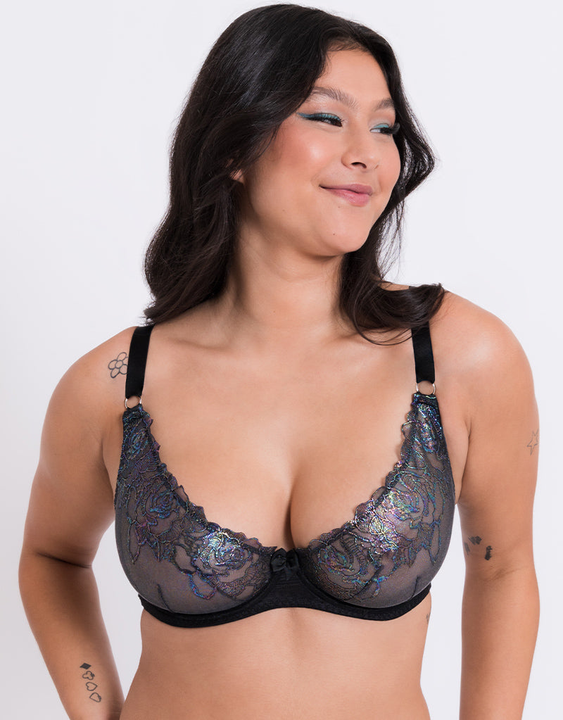 NEW Ivory Rose fuller bust lace underwired plunge bra in black 34E