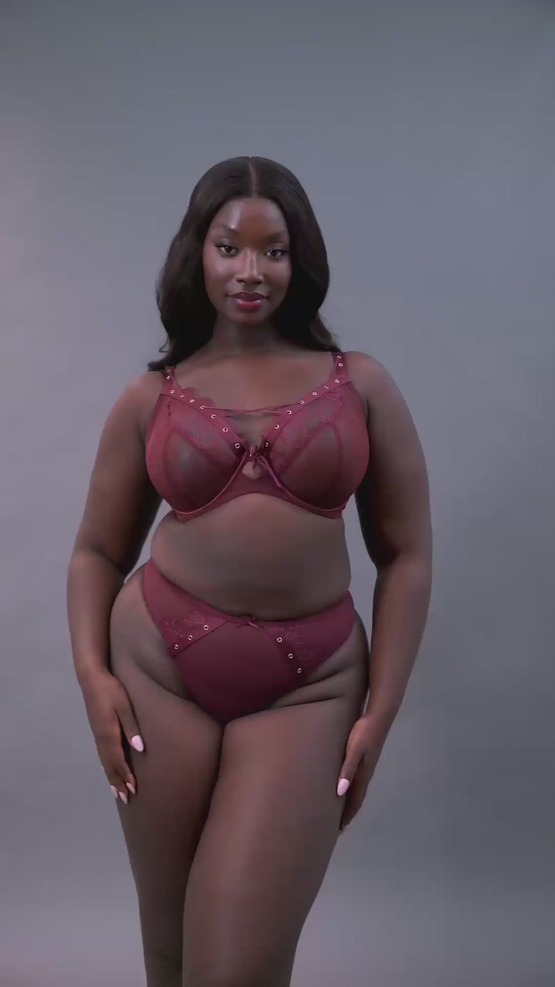 Get a 360 look at our Scantilly Laced Up plunge bra in Merlot Red